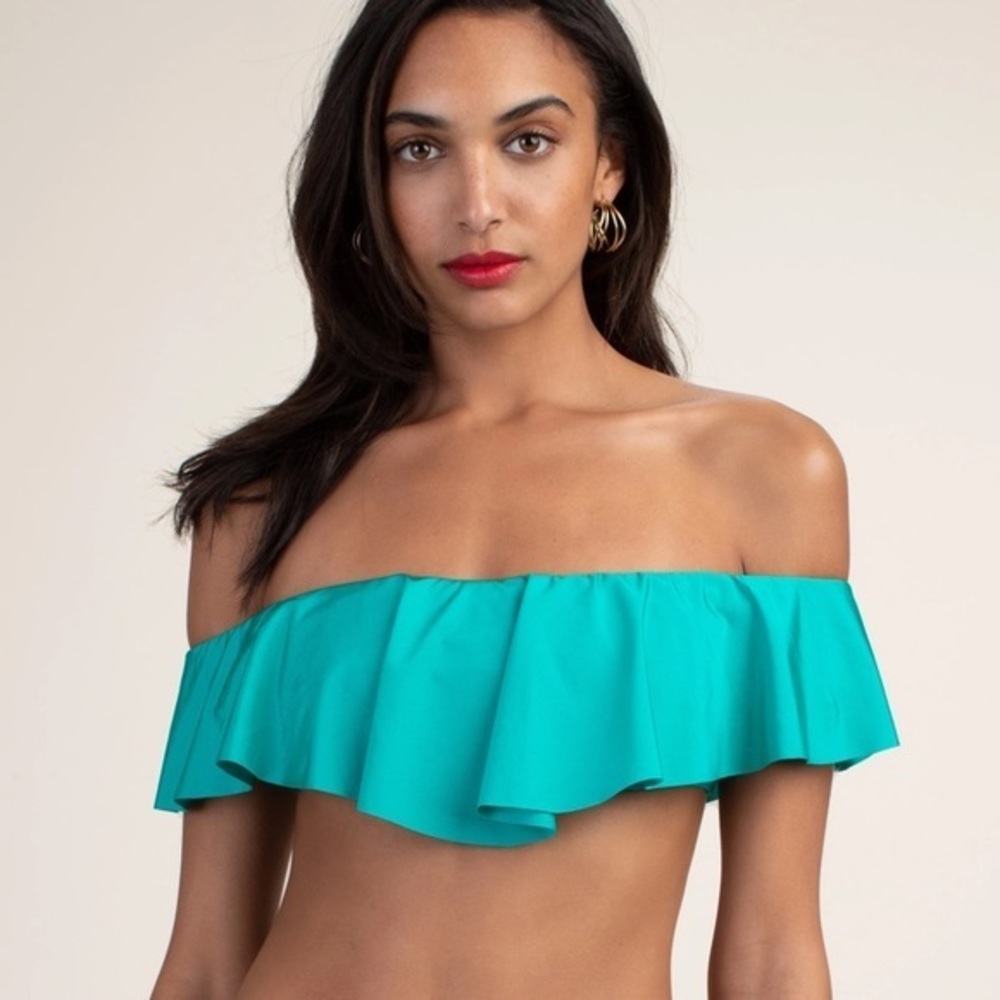 NEW Trina Turk GETAWAY OFF THE SHOULDER RUFFLE BANDEAU Sz 12 Teal